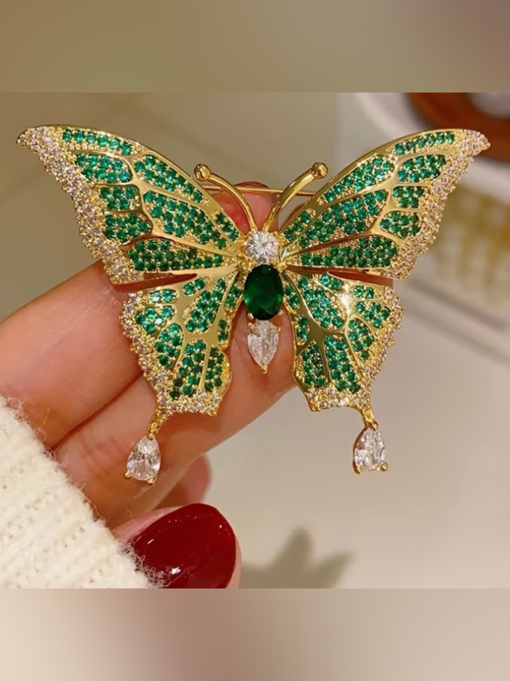 New Gold-tone Green Crystal Butterfly Brooch  Pin Elegant Women's Jewelry